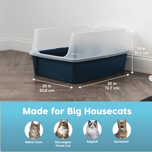 IRIS USA Cat Litter Box XX-Large Open Top with High Sided Walls Tall Scatter Shield Scoop Included Easy Clean Plastic Pan for Big Cats Kittens Multi-Cat Households 30"L x 20"W x 14"H Navy