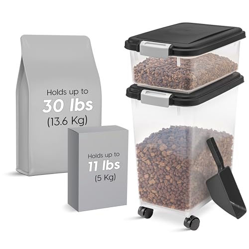 IRIS USA Dog Food Storage Container 30 lb + 11lb Airtight Combo, Stackable Pet Food Storage Bin with Wheels for Cat Dog Food, BPA Free, Made in USA, Black