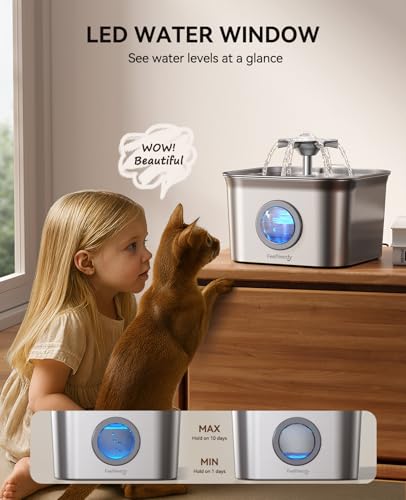 Stainless Steel Cat Water Fountain, 2.8L with 20dB Ultra-Quiet Pump- Ideal for Timid Pets, LED Water Level Window, Dishwasher Safe, 24/7 Circulation- Includes 3 Replacement Filters