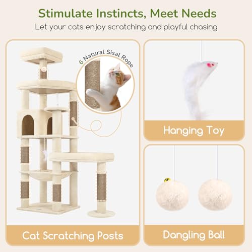 Globlazer Extra Large Platform Cat Tree, 65in Tall Sturdy Cat Tree for Indoor Cats Large Adult, Big Cat Tower for Big Cats with 3 Enlarged Perches, 6 Scratching Posts, Cat Condo, Hammock, S65, Beige