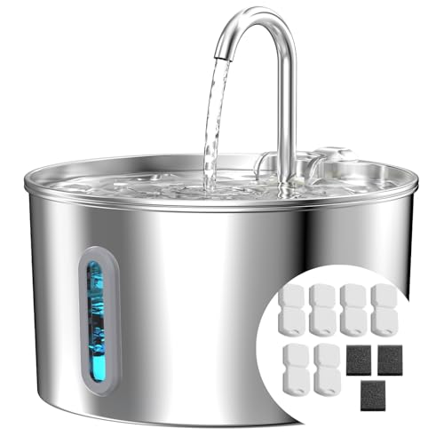 Cat Water Fountain Stainless Steel: 74oz/2.2L Cat Fountain for Drinking - Pet Water Fountain for Cats Inside - Automatic Cat Water Dispenser Bowl - Cat Feeding & Watering Supplies 6 Filters 3 Sponges