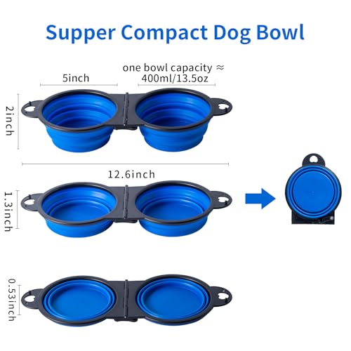 SLSON Collapsible Dog Dual Bowls Reinforced Rim 180 Degrees Flip Over Foldable Double Bowl with Lock Clips More Stable Dog Travel Bowls Pet Food Water Feeder (Blue)