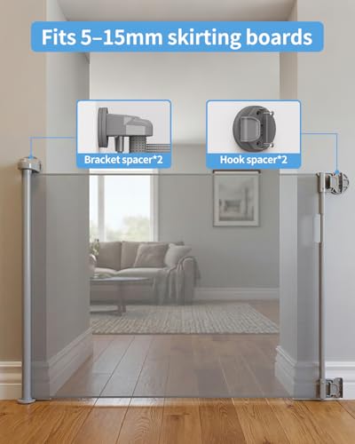 Retractable Baby Gate for Stairs – 33” Height, Expands up to 55” Width – Safety Gate for Infants, Toddlers, Dogs & Pets – Easy Install, Secure Closure, Gray Mesh Design for Indoor & Outdoor Use