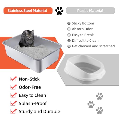 Stainless Steel Cat Litter Box - Large Metal High-Sided Pan for Cats, Pets, Non-Stick, Odor-Free, Easy to Clean, Splash-Proof, Durable (17.7" L x 13.8" W x 6" H)