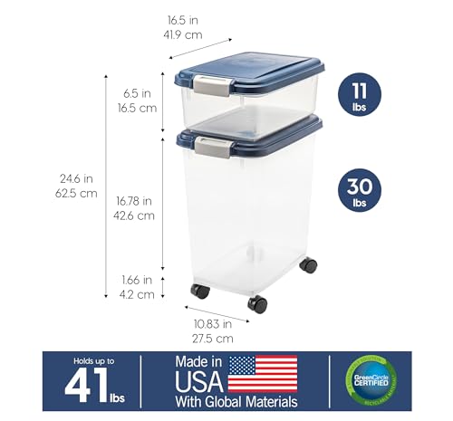IRIS USA Dog Food Storage Container 30 lb + 11 lb, Stackable Combo Set, Airtight Pet Food Storage Bins with Wheels for Dog Cat Bird Chicken Food, BPA Free, Made in USA, Navy