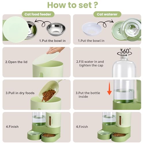 2 Pack Automatic Cat Feeder Stainless Steel Water Dispenser Gravity Food Feeder and Waterer Set with Pet Food Bowl for Small Medium Kitten Puppy Pets Large Capacity(Green)