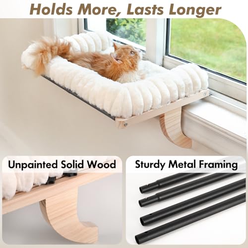 valigogo Cloud-Soft Cat Window Sill Perch with Zipper Designed Cushioned Bed, Supportive Cat Window Seat with Premium Solid Wood & Sturdy Metal Frame, Pet Hammock Bed for Large Cats (Large, White)