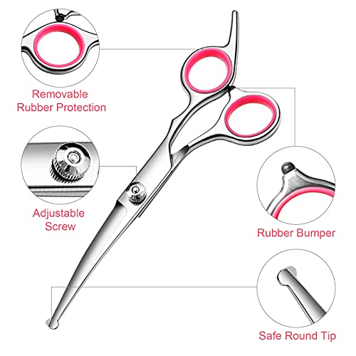 FAIGEO Dog Grooming Scissors with Safety Round Tips Stainless Steel Professional Dog Grooming Kit - Thinning, Curved Scissors and Comb for Cat Pet (Pink 4 in 1)