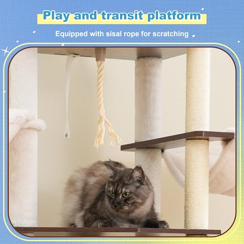 Hey-brother Wooden Cat Tree, 69.7 inch Cats Furniture Tower with Large Platforms, Hammocks, Spacious Condo, Full Sisal Scratching Posts, Ladder, Brush, Water Proof Surface, Rustic Brown MPJ121SR