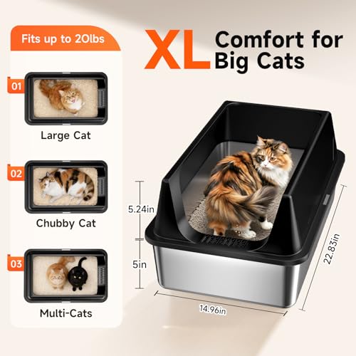 TEVILA 2 Pack XL Stainless Steel Litter Box with High Sides Shield for Multi Cat, Extra Large Tall Wall Open Top Deep Metal Pan for Big Cats, Anti-Leak Non-Stick Odor Control, 2 Scoops Included, Black