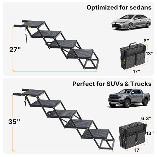 Veehoo Foldable Dog Steps for Car Truck, 4 Steps Collapsible Dog Stairs for Car Large Dogs 17" Wide, Heavy Duty Outdoor Pet Ramp Ladder Portable with Non Slip Surface for Dogs, Support up to 200 lbs