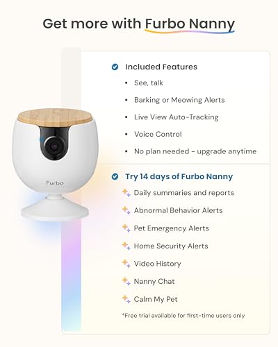 Furbo Mini Pet Camera: Security Cam w/Barking/Meowing Alerts, Cat or Dog Tracking w/Phone App, Smart Home Indoor Monitoring, 2-Way Speaker. No Subscription Needed. Standard See, Talk & Toss Features