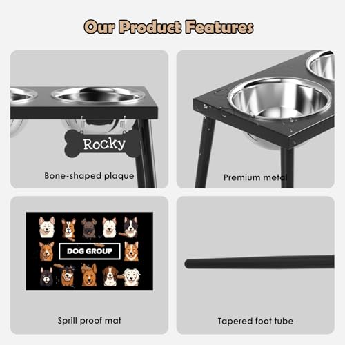 ADENGL Metal Raised Dog Bowl Stand for Large and Medium Dogs, Stronger Elevated Dog Bowls with Sprill Proof Mat, Pet Food & Water Bowls 10" Tall Dogs Feeder (58OZ-Stainless Steel Pet Bowl, Mat-16x24)