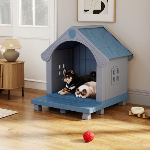 COZIWOW Large Dog House Outdoor Waterproof Plastic Pet Shelter with Porch, All-Weather Insulated Dog Kennel for Medium to Large Dogs, Easy Assembly, 36.6”L x 34.3”W x 37.8”H