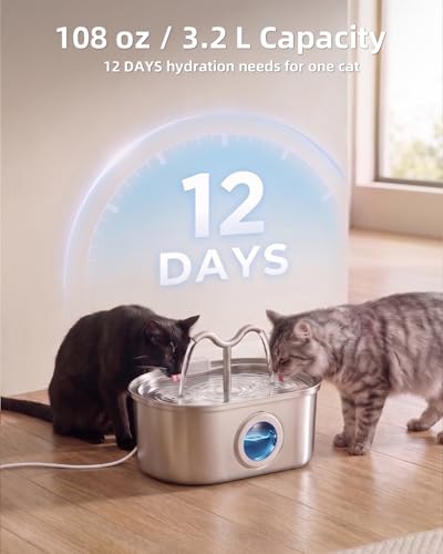 Stainless Steel Cat Water Fountain, 108oz/3.2L Pet Water Fountain for Cats Indoor, with Dual Spouts for Multiple Cats, Ultra-Quiet Automatic Dog Water Dispenser, 3 Replacement Filters Included
