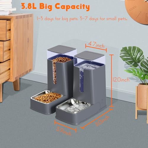 Hipidog Cat Food Dispenser and Cat Water Dispenser Set with Stainless Steel Bowls Gravity Dog Feeder for Small Medium Big Cat Dog Pet Puppy Kitten, 1 Gallon x 2