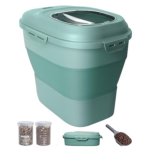 DDMOMMY 30-35 Lbs Dog Food Storage Container Collapsible Dog Food Container with Airtight Lids, Wheels, Scoop and 2pcs Food Storage Containers, Large Pet food storage for Dog, Cat (Green)