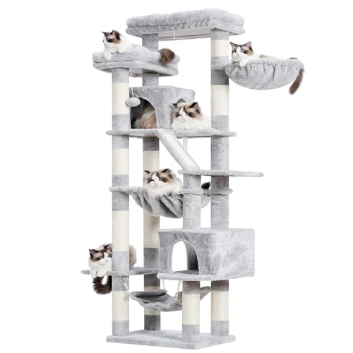 Heybly Cat Tree, 71-Inch-Tall Tower for Indoor Cats with 2 Perches, 2 Big Condos, 2 Hammocks, Basket, Scratching Pad, Large Cat Furniture and Condo, Light Gray HCT034W