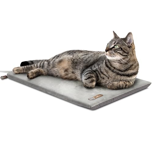 K&H Pet Products Heated Cat Bed Pad for Indoor Cats, Thermo-Kitty Mat Calming Warm Pet Heating Pad for Inside Pets, Machine Washable, Waterproof Heater, Safety Listed - 12.5 X 25in Gray
