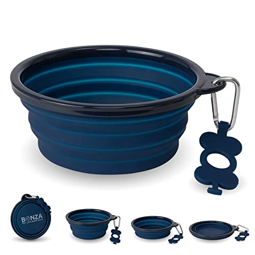 Bonza Collapsible Dog Bowl - Portable Travel Water Bowl for Dogs - Dishwasher Safe Silicone Pet Dish - Collapsible Pet Dish with Carabiner Clip - 50 Oz, X-Large, Navy Blue