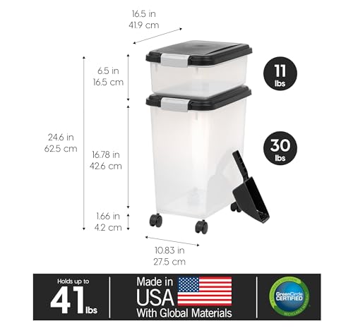 IRIS USA Dog Food Storage Container 30 lb + 11lb Airtight Combo, Stackable Pet Food Storage Bin with Wheels for Cat Dog Food, BPA Free, Made in USA, Black