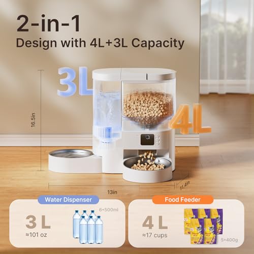 Automatic Cat Feeder with Camera, 2 in 1 Cat Food and Water Dispenser, 2K HD Video and Night Vision, 5G App Controlled Timed Pet Feeder,4L Food & 3L Gravity Waterer with 2-Way Audio for Cats Small Dog