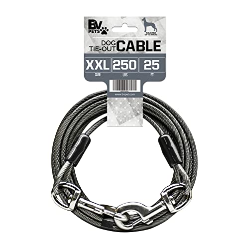 BV Dog Tie Out Cable 25 Feet - Heavy Duty Dog Lead Up to 250 Pounds - Reflective & Rust-Free with Quick Release Swivel Clips & 360° Rotating Clasp - Tangle-Free Dogs Runner for Yard (Grey, Single)