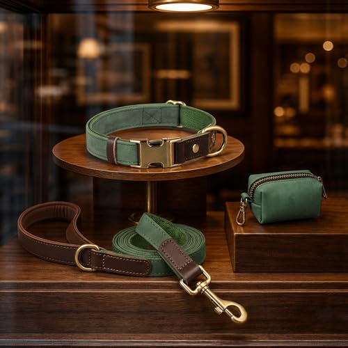 Didog Soft PU Leather Dog Collars for Medium Dogs,Classic Adjustable Dog Collars with Quick Release Metal Buckle,Easy Clean and Comfortable with Nylon Lining,Green,M Neck 14-19"
