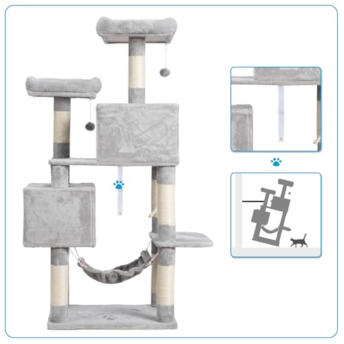 Hey-brother Large Multi-Level Cat Tree Condo Furniture with Sisal-Covered Scratching Posts, 2 Bigger Plush Condos, Perch Hammock for Kittens, Cats and Pets Light Gray MPJ020W