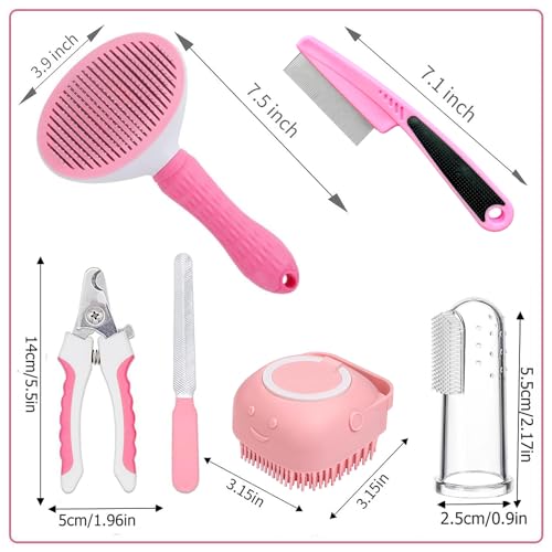 Qubccum 7 Pcs Cat Dog Brush Grooming Kits, Self-Cleaning Slicker Brush, Pet Nail Clipper and File, Flea Comb, Pet Shampoo Bath Brush, Pet Finger Toothbrush, Storage Bag (Pink)