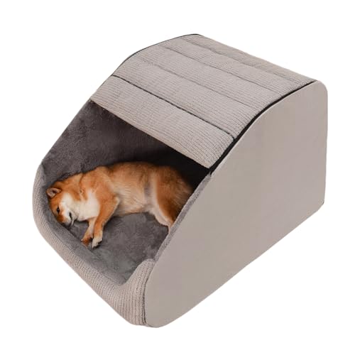 Extra Large Dog Bed House, Cozy Dog House Indoor, Memory Sponge, Plush Dog Cave Bed Crate Cushion with Non-Slip Bottom for Medium Large Dogs (Grey, L)