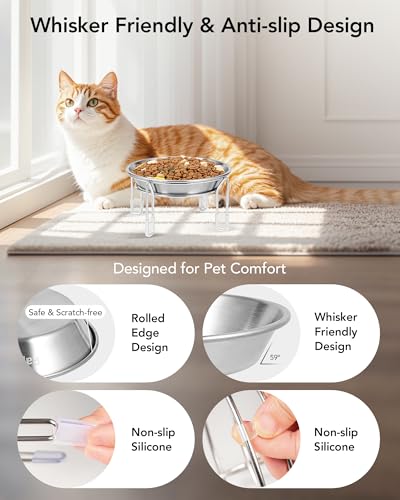 Elevated cat Bowl, 6.3" Wide Raised Stainless Steel Cat Food and Water Dishes, Small Dog Bowl, Whisker Friendly, Anti-Vomiting, Neck Stress-Free, Non-Slip Stainless Steel Stand with 4 Legs- 3Pack