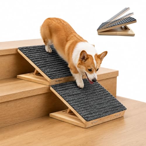 Weathrix 2 Pack Dog Ramp for Stairs - Solid Wood Adjustable & Foldable Pet Ramps, 3 Heights, Non-Slip Silicone Base & Traction Felt, 100lb Capacity, Indoor Stairs & Porch