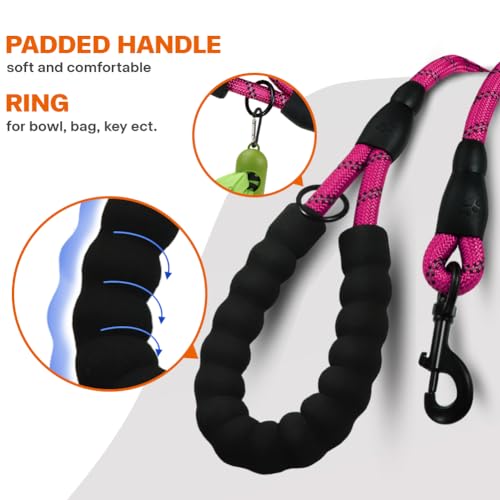 Taglory Rope Dog Leash 6 FT with Comfortable Padded Handle, Highly Reflective Threads Leash and Anti-Tangle Clip for Walking Medium Large Dogs, 1/2 inch, Hotpink