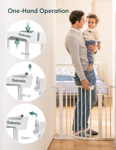 Babelio 29-55 Inch Extra Wide Baby/Dog Gate, PressGuard P7, Metal Auto Close, Pressure Mounted Pet Door for Doorways, NO Need Tools and Drilling, with Wall Cups, White