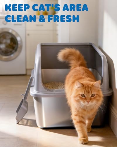 Powools Stainless Steel Cat Litter Box, Metal Litter Box with Scoop, High- Sided, Anti-Leakage Top Entry, Non-Sticky, Easy to Clean, Grey, M (1 Pack)