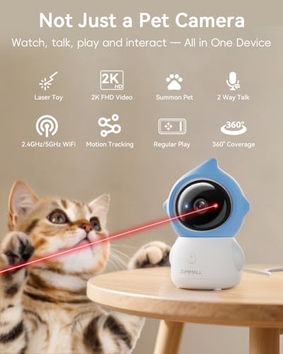 ZUMIMALL Pet Camera Indoor, 5G/2.4G WiFi Camera for Dog/Cat with Play Toy, 2K Pet Security Cameras with Phone App, 2-Way Talk, Auto Tracking, Pet/PIR/AI Detection, Privacy Protect, Alexa/ONVIF/Cloud