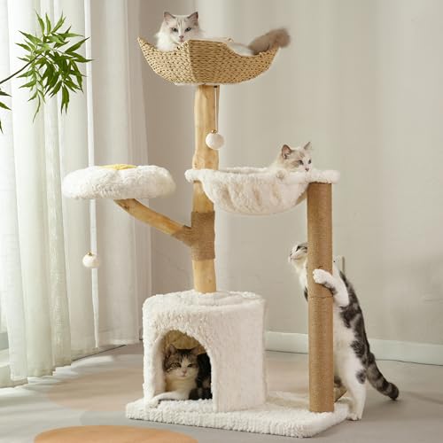 Moewrista Modern Cat Tree with Hammock 48.5 Inches Cat Tower with Scratching Post,Featuring Real Wood Post,Large Rattan Basket, Spacious Flower Perch and Condo for Indoor Cat Large Adults-Beige