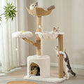 Moewrista Modern Cat Tree with Hammock 48.5 Inches Cat Tower with Scratching Post,Featuring Real Wood Post,Large Rattan Basket, Spacious Flower Perch and Condo for Indoor Cat Large Adults-Beige