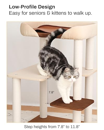 PETTIFUL Cat Tree for Large Cats, Modern Senior Friendly Cat Tower with Wide Shelves, Cotton Scratching Posts, Super Sturdy Base, Cozy Perches, and Interactive Toys for Indoor Kittens, 37.4'' Cream.