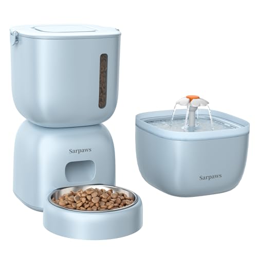 Automatic Cat Feeder and Water Dispenser FW1, Wire or Battery Cat Food Dispenser Timer Pet Feeder - Locking Lid, Desiccant Bag, Programmable Portion Control, 4 Daily Meals, 10s Voice Recorder-Blue