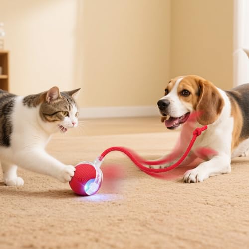Smart Interactive Automatic Electric Rolling Moving Rechargeable Motion Activated Self Solo Play Electronic Stimulation Chase Teaser Ball Toy with Rope for Indoor Bored Adult Cat and Dog, Red