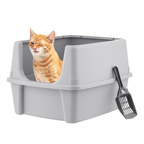 IRIS USA Cat Litter Box Large Open Top with High Sided Walls Tall Scatter Shield Scoop Included Easy Clean Plastic Pan Stain Resistant for Big Cats Kittens Indoor Multi-Cat Households