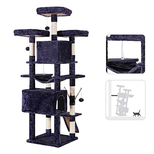 Hey-brother Cat Tree, 71 inches XL Large Cat Tower for Indoor Cats, Multi-Level Cat House with 3 Padded Perches, Big Scratcher, Cozy Basket, 2 Cat Condos and Scratching Posts, Smoky Gray MPJ034G