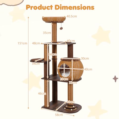PETSITE 59.5-inch Tall PE Rattan Cat Tree, Multi-Level Modern Wooden Cat Tower with Sisal Scratching Posts, Ball Track Toy, Comfy Condo with Removable Soft Pads, and Hanging Ball, Ideal for Indoor Cat