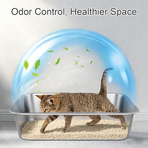 Idymere Stainless Steel Litter Box with High Sided, Metal Cat Litter Box, Odor-Free, Non-Stick Litterbox Pan, Easy to Clean Pet Supplies Toilet Tray for Indoor Cats, Kittens or Multicat Homes