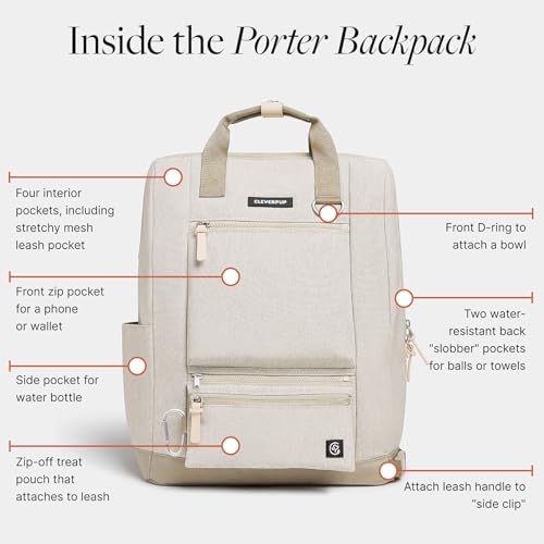 Cleverpup Porter 2-in-1 Dog Gear Backpack – Premium Dog Travel Bag with 10 Pockets, Zip-Off Treat Pouch, Leash Clip, Waterproof Pockets & Water Bottle Holder – Weekend, Hiking, Camping, Sand