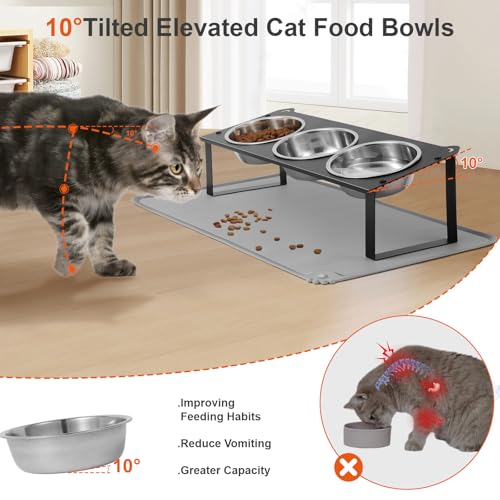 Elevated Cat Bowls with Food Mat, 10°Tilted Non-Slip Raised Cat Food Water Bowls Set, 3 Thick Stainless Steel Pets Dishes with Cute Metal Feeding Stand for Indoor Kitten Puppy, Anti-Vomiting