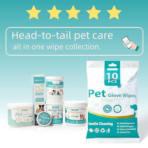 MEDUWEDU Ear Cleaner Finger Wipes 60 Counts, Dog Ear Cleaner, Grooming Kit Care for Dogs and Cats, Soft & Easy Otic Cleaning Pads, Remove Wax, Dirt & Stop Smelly, Itchy, Non-Irritating, Coconut Scent