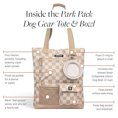 Cleverpup Park Pack 2-Piece Set Dog Gear Tote – Dog Travel Bag with 8 Pockets, Treat Pouch, Poop Bag Dispenser, Quick-Dry Ball Pocket, Collapsible Bowl, Perfect for Walks & Park Trips, Checkerboard